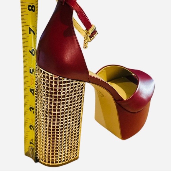 Michael Kors Maxine Platform Sandals Deep Red Leather Gold Block Heel Size 9M - Picture 10 of 12